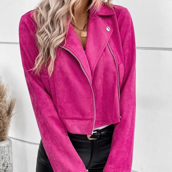 Luxe Hot Pink Zipper Vegan Suede Moto Biker Jacket - Picture 2 of 5